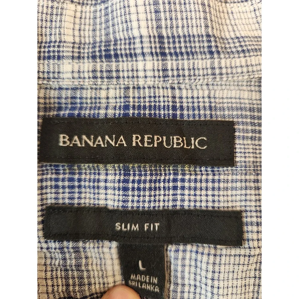 Banana Republic Mens L‎ Slim Fit Short Sleeve Plaid Button Down Shirt Blue Sheer